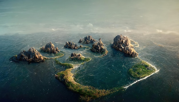 Erial uitzicht op kleine exotische atol eilanden in de open oceaan zee Prachtige natuur 3D illustratie