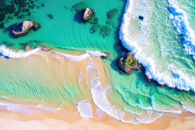 Erial view of a beautiful sandy beach and turquoise ocean waters Generative AI