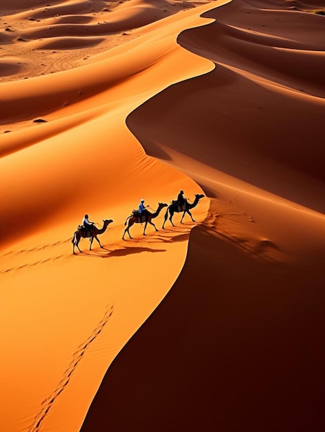 Erial view of camel caravan in the sahara desert