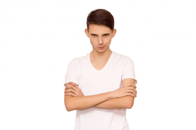 Erious guy in white t-shirt, isolate