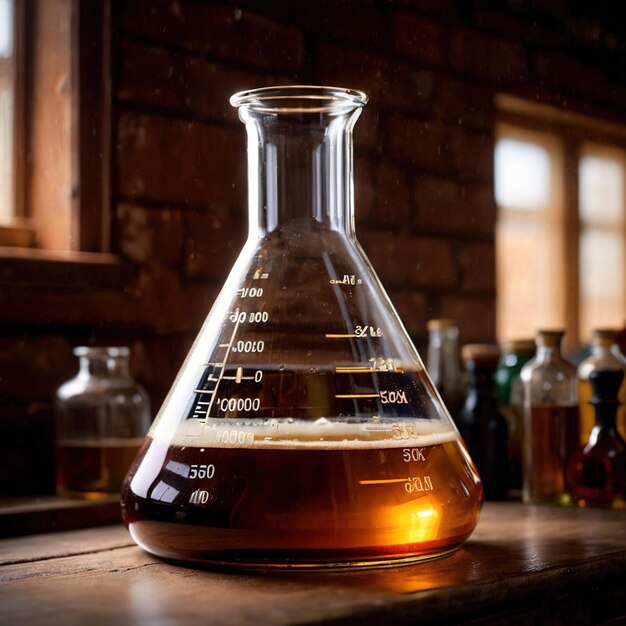 Photo erlenmeyer flask of liquid science apparatus equipment to measure liquids