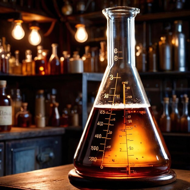 Photo erlenmeyer flask of liquid science apparatus equipment to measure liquids