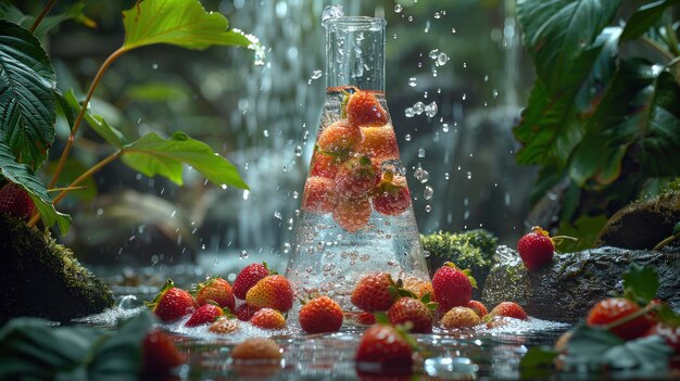 Erlenmeyer-kolf zweeft boven het kristalheldere water naast palmblaadjes brede lensstudio