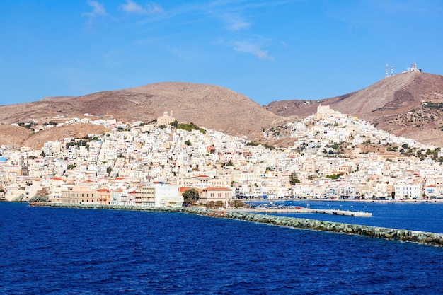 Ermoupoli and Ano Syros cities on the Syros island. Syros or Siros is a Greek island in the Cyclades, in the Aegean Sea.