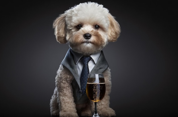 Ernaast zit een hond met een glas champagne