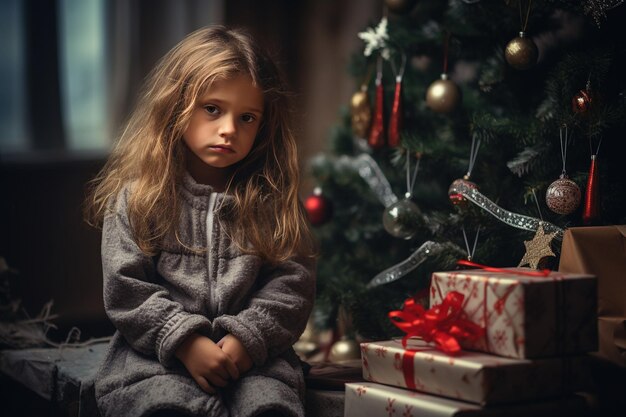 Ernstig verdrietig meisje zit voor een kerstboom