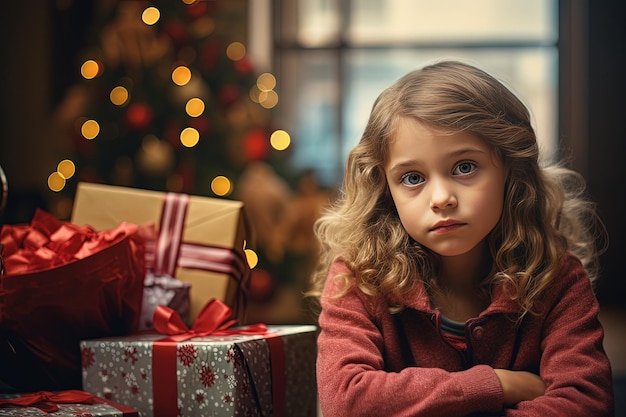 Ernstig verdrietig meisje zit voor een kerstboom