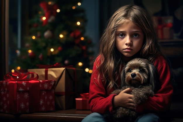 Ernstig verdrietig meisje zit voor een kerstboom