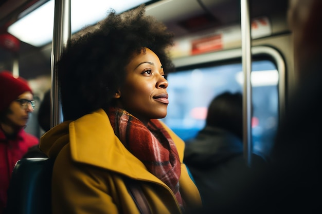Ernstige jonge Afro-Amerikaanse vrouw die met de tram naar haar werk reist Passagiers die met de bus pendelen Openbare busreis Ochtendreis met de stadsbus