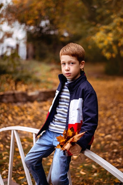 Ernstige jongen 67 jaar oud kinderportret in herfstpark op een zonnige dag