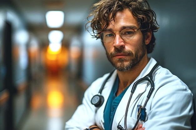 Ernstige mannelijke dokter met een stijlvolle bril die poseert in een heldere ziekenhuis gang