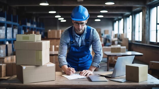 Foto ernstige mannelijke logistieke ingenieur in hardhat en over het algemeen staan bij stapel dozen en het voltooien van doc