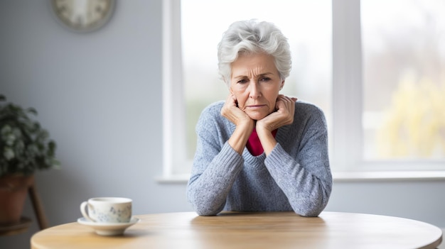 Ernstige oudere vrouw in depressie met verbijsterde gedachten in haar geest depressie eenzaamheid