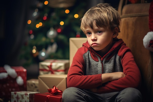 Ernstige trieste kleine jongen zit voor een kerstboom