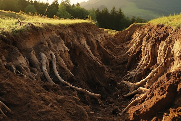 Фото Эрозия почвы на склоне холма с открытыми корнями и свободной грязью