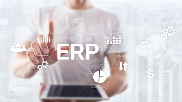 ERP-systeem Enterprise resource planning op onscherpe achtergrond Bedrijfsautomatisering en innovatieconcept