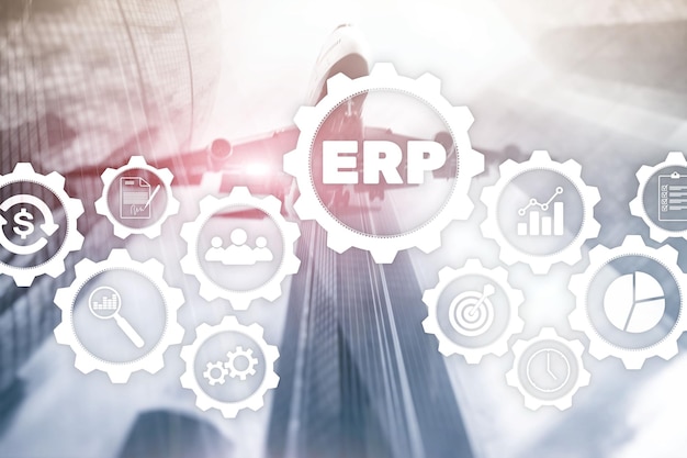 ERP-systeem Enterprise resource planning op onscherpe achtergrond Bedrijfsautomatisering en innovatieconcept