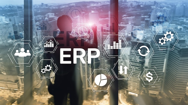 ERP-systeem, Enterprise resource planning op onscherpe achtergrond. Bedrijfsautomatisering en innovatieconcept.