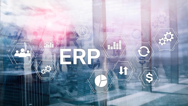 ERP-systeem Enterprise resource planning op onscherpe achtergrond Bedrijfsautomatisering en innovatieconcept