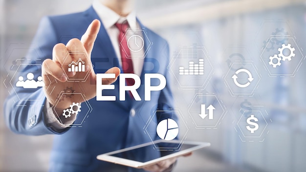 ERP 시스템 흐릿한 배경에 대한 전사적 자원 계획 비즈니스 자동화 및 혁신 개념