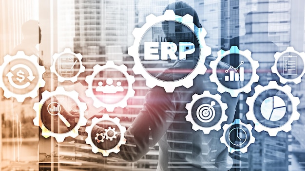 ERP system Enterprise resource planning on blurred background Business automation and innovation concept