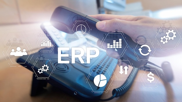 ERP system Enterprise resource planning on blurred background Business automation and innovation concept