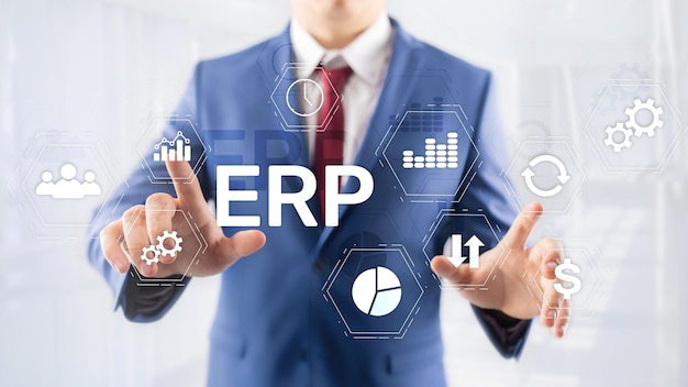 ERP system Enterprise resource planning on blurred background Business automation and innovation concept