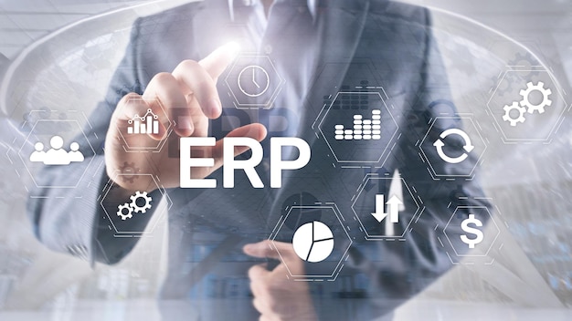 ERP system Enterprise resource planning on blurred background Business automation and innovation concept