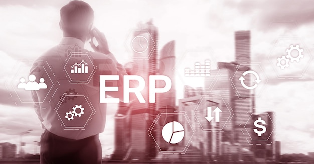 ERP system Enterprise resource planning on blurred background Business automation and innovation concept