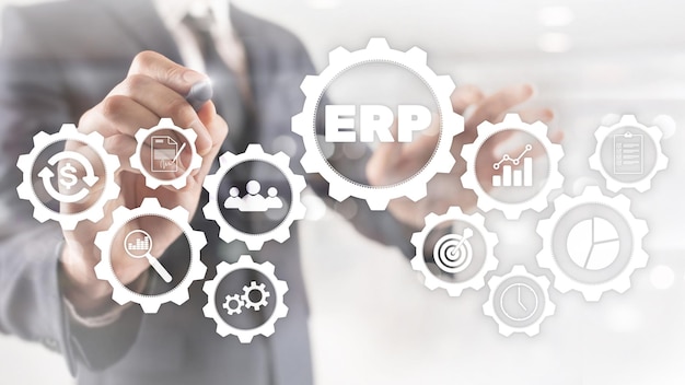 erp system enterprise resource planning on blurred background business automation and innovation concept