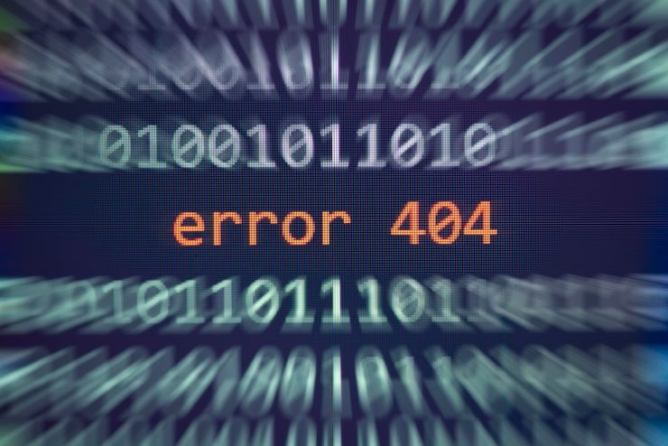 Photo error 404 message on display screen technology binary code number data alert computer network system problem error software concept