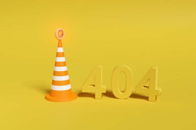 Error 404. Number 404 in three dimensions next to a safety cone.