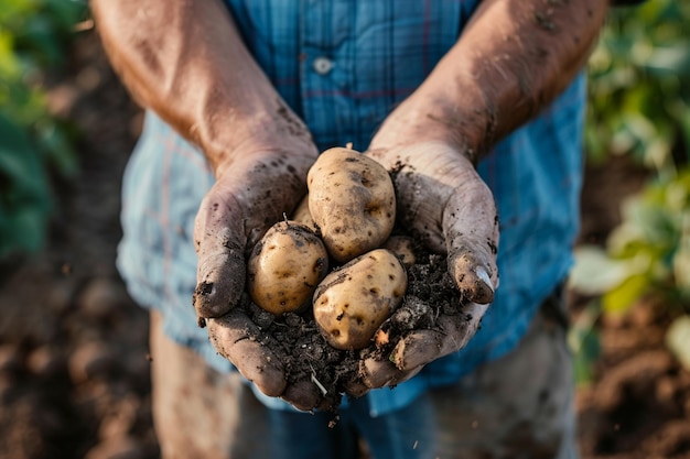 Photo erson holding potatoes in the field