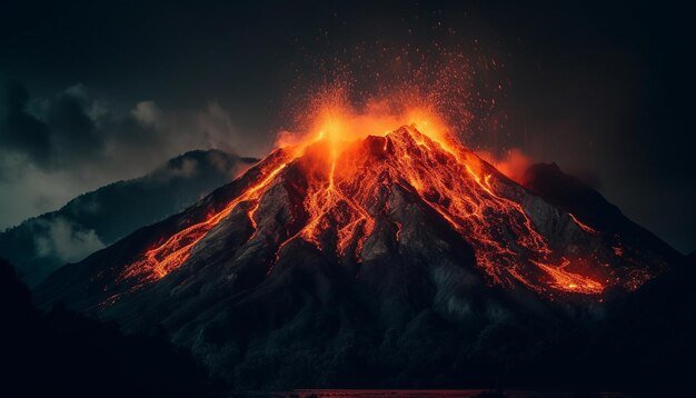 Erupting mountain peak smoke fire danger adventure generated by AI