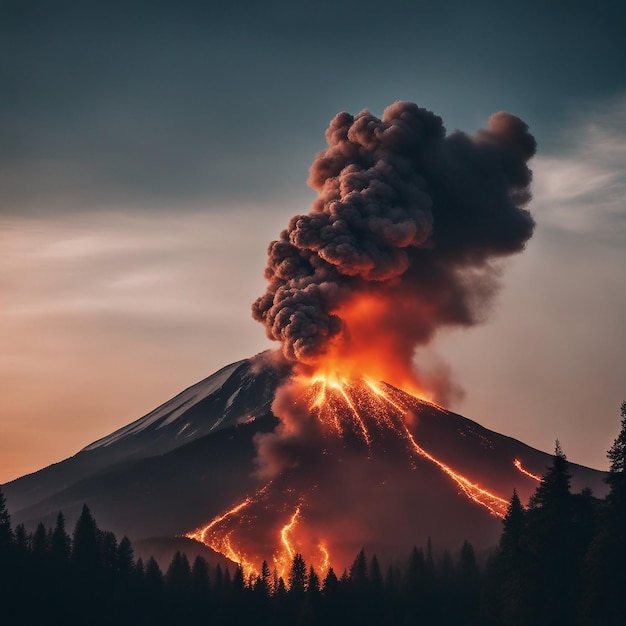 Erupting mountain spews fiery ash into the sky generative ai