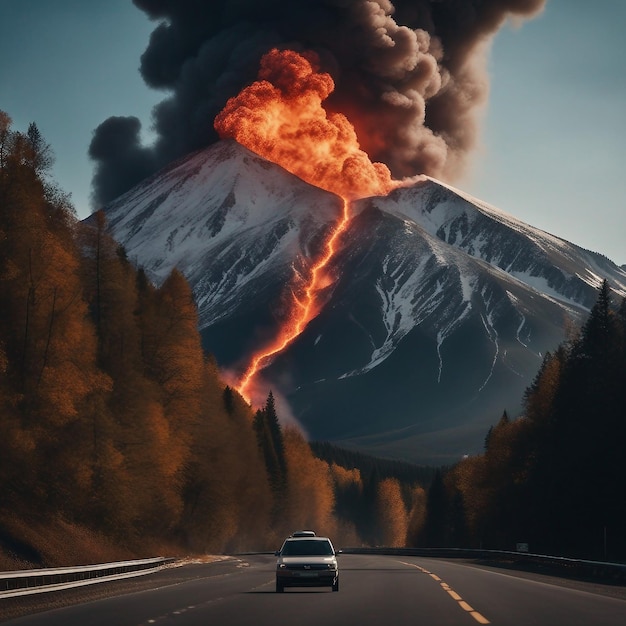Erupting mountain spews fiery ash into the sky generative ai