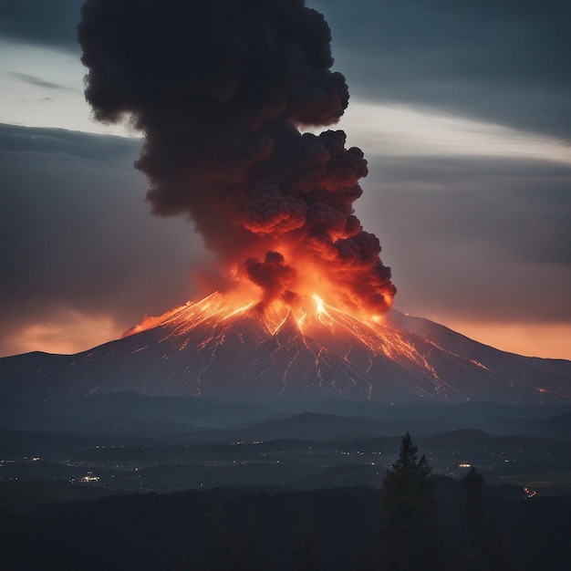 噴火した山は 炎の灰を空に吐き出す