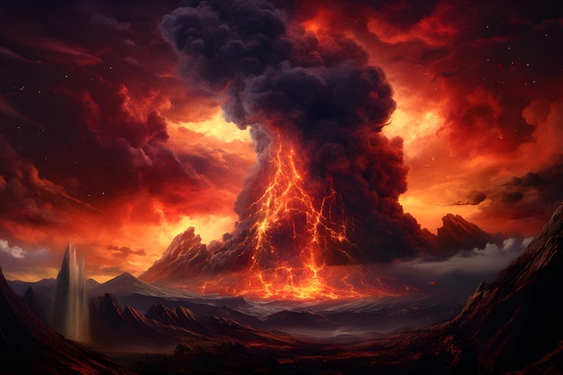 山が噴火し、燃えるような灰が空に噴き出す