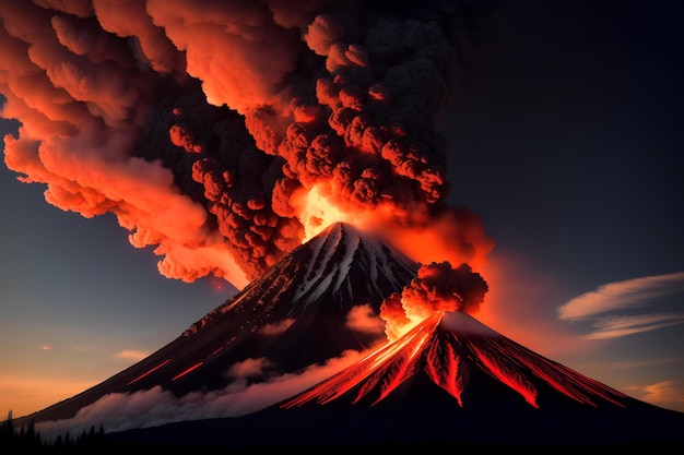 erupting mountain spews fiery ash into the sky