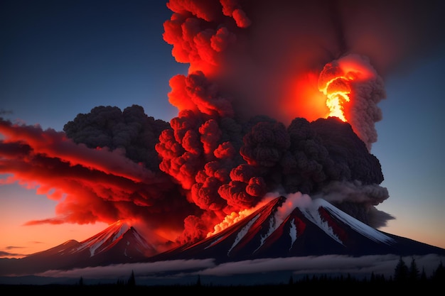 erupting mountain spews fiery ash into the sky