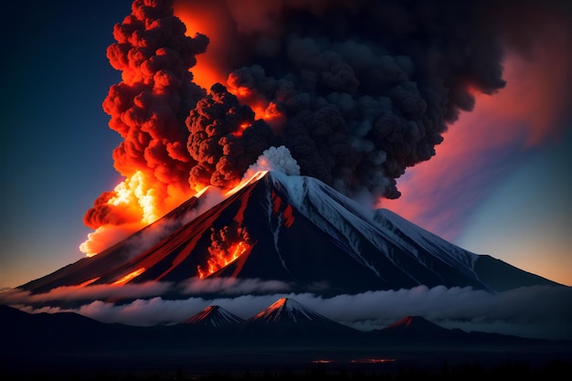 山が噴火し、燃えるような灰が空に噴き出す