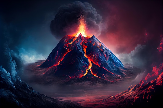 Erupting volcano illustration Generative AI