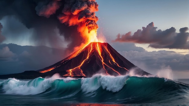 Photo erupting volcano in the middle of the sea