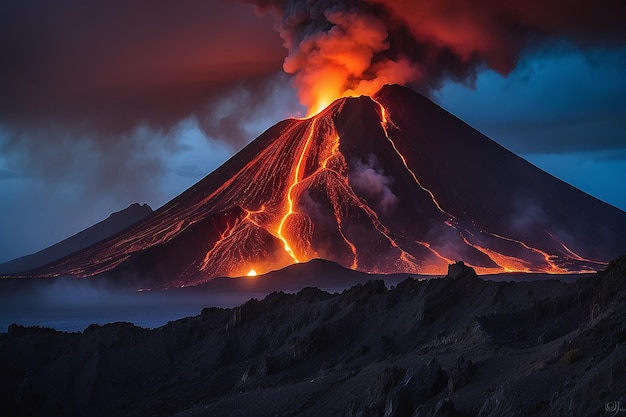 写真 ストロンボリ島で噴火する火山 高品質の写真