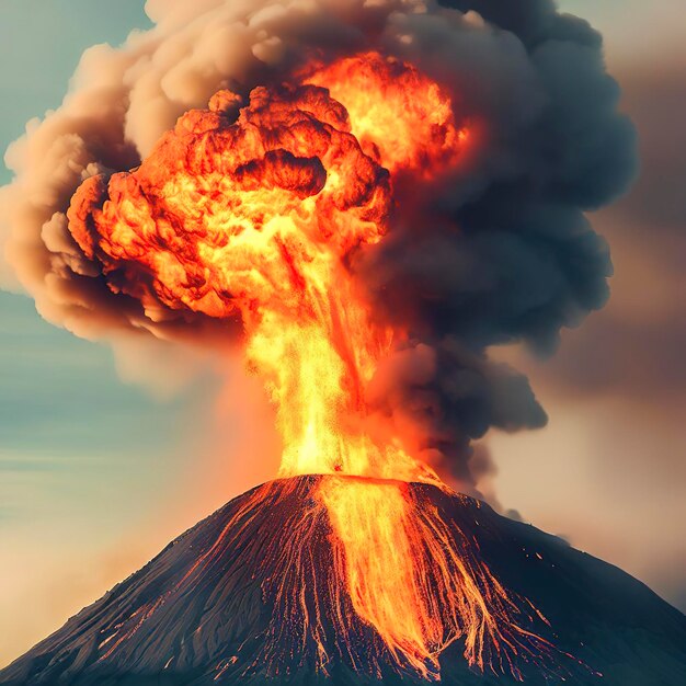 Erupting volcano spews flame and smoke outdoors