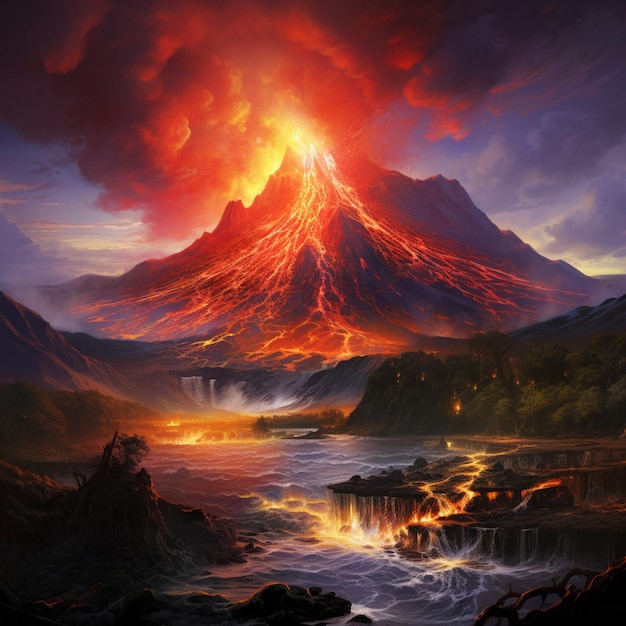 An erupting volcano with rivers of lava flowing across the landscape fourth image