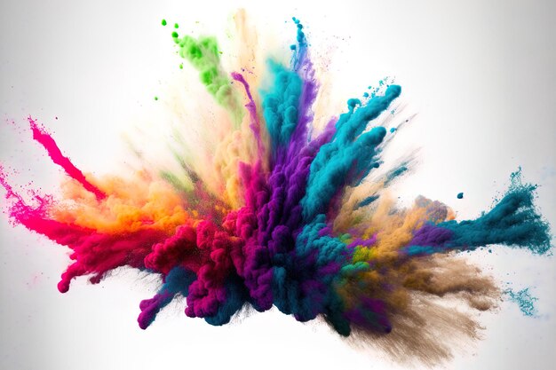 Eruption of colored powder against a white background Bright dust explodes Color Holi