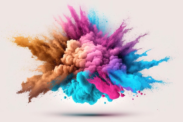 Eruption of colored powder against a white background cloud with color Bright dust explodes Color Holi