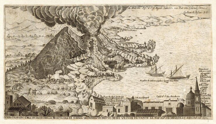 Photo eruption of vesuvius in 1631 near naples italy ancient painting by giovanni battista passeri xvii cent