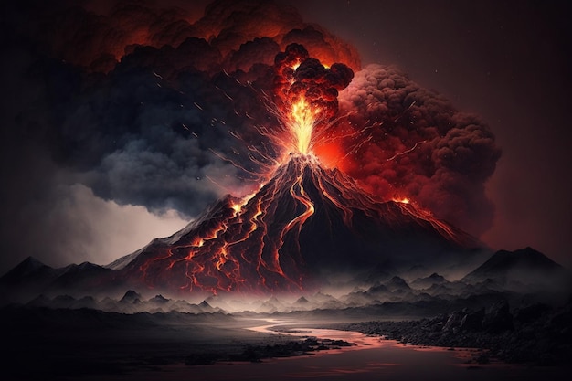 Eruption of a volcano with a dark cloudy sky